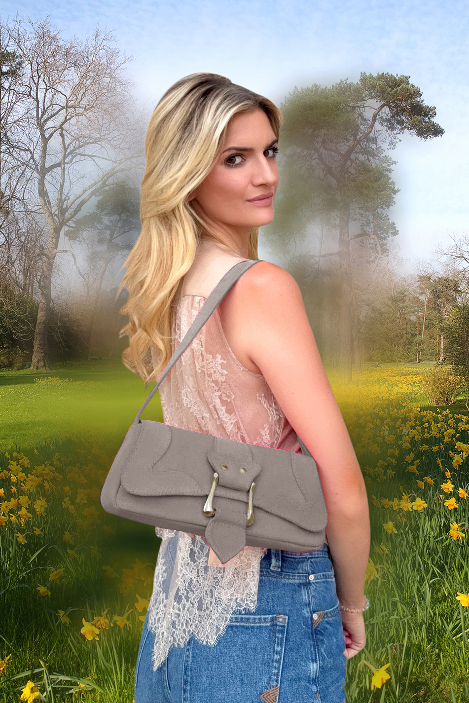 Small dressy baguette bag in bronze beige leather - Top view
